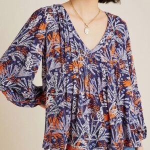 Maeve,SizeM,Floral V-Neck Blouse - Blue and Orange